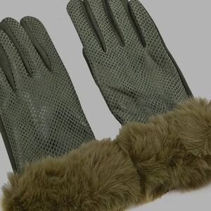 Elegant Olive Green Faux  Fur-Trimmed Snake Style Gloves